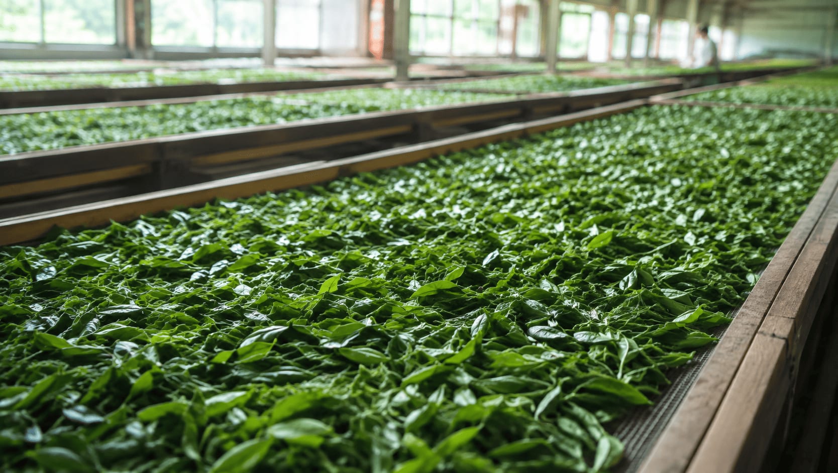 Freshly plucked tea leaves spread across withering troughs.