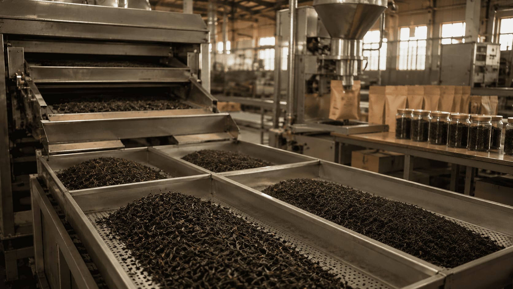 Dried tea being graded by leaf size and packed for distribution.