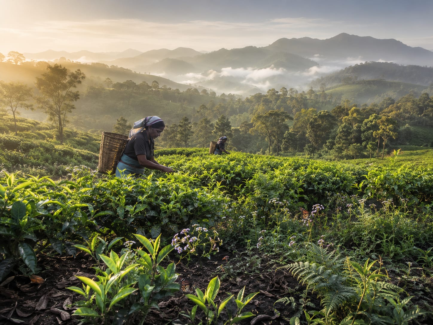 Mist rolling across a Ceylon tea plantation at sunrise